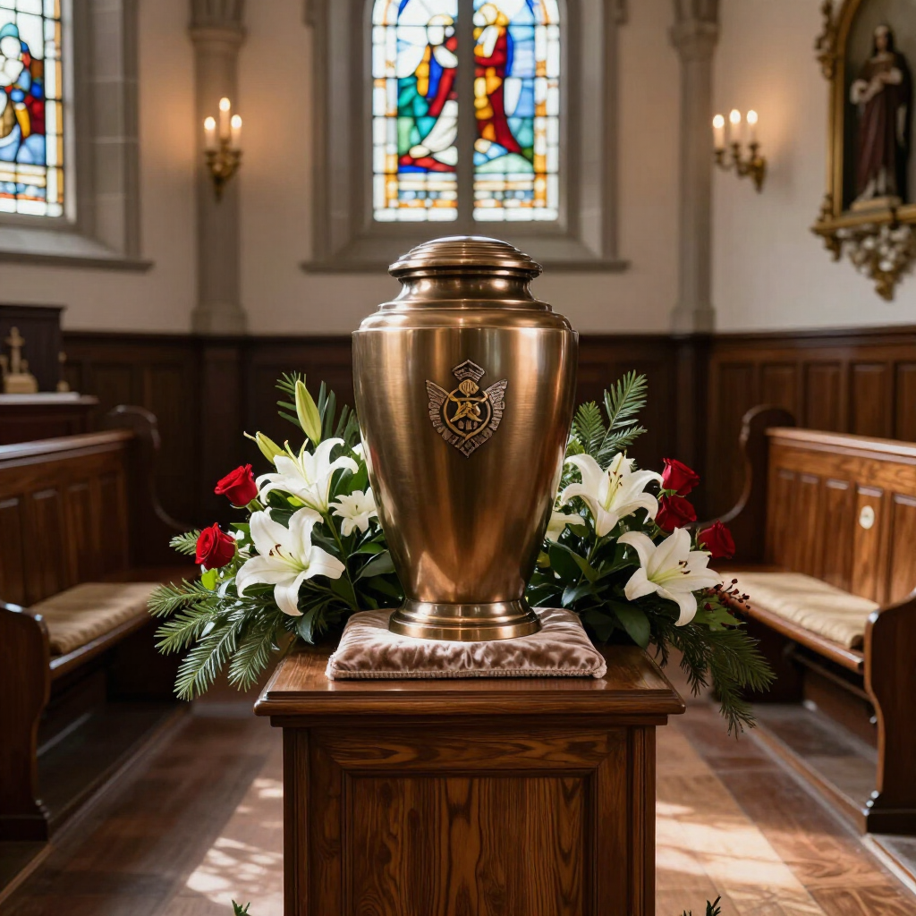 Bronze urn on a wooden pedestal in a church aisle, framed by white flowers and stained-glass windows.