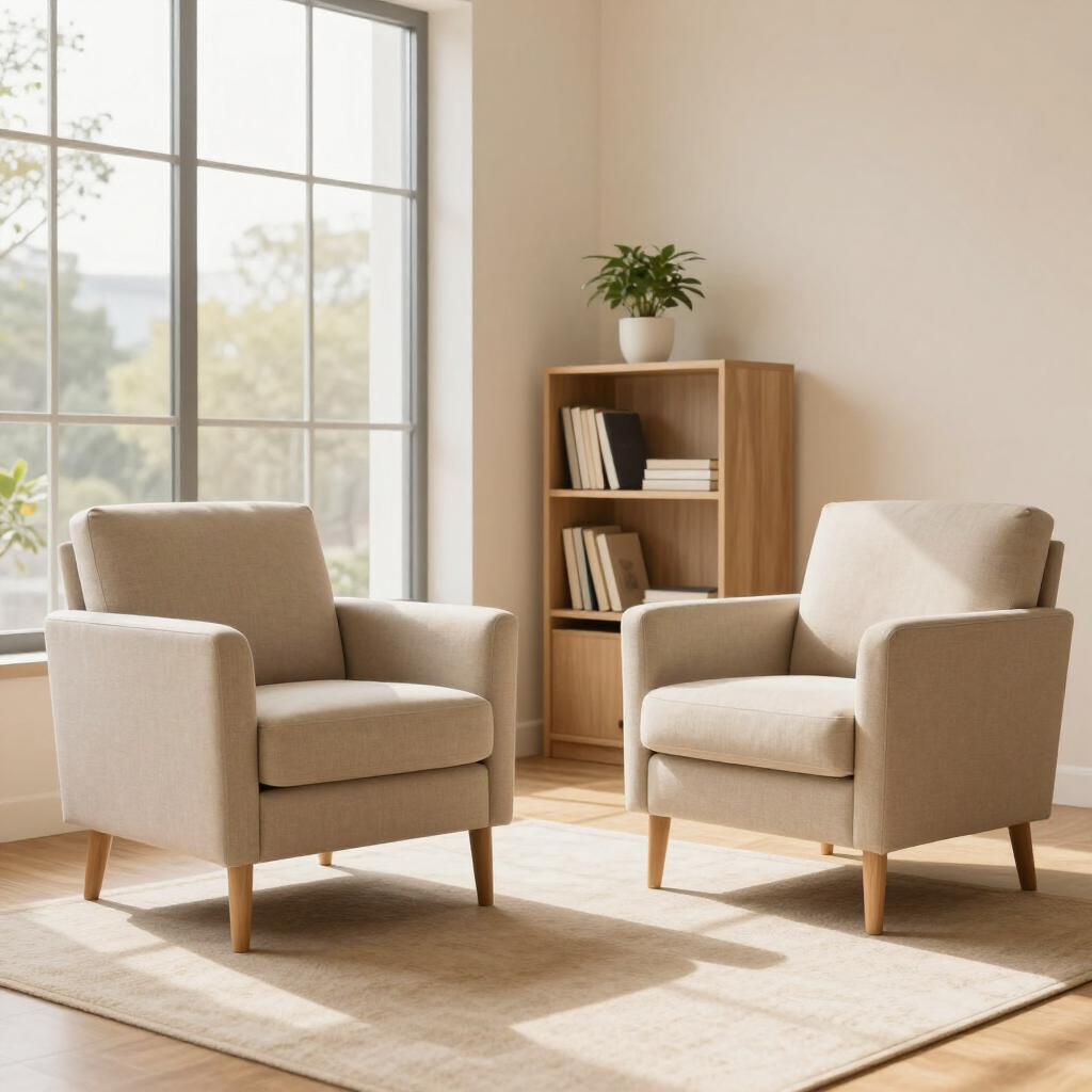 Two beige armchairs in a bright living room with a window, rug, and small bookshelf