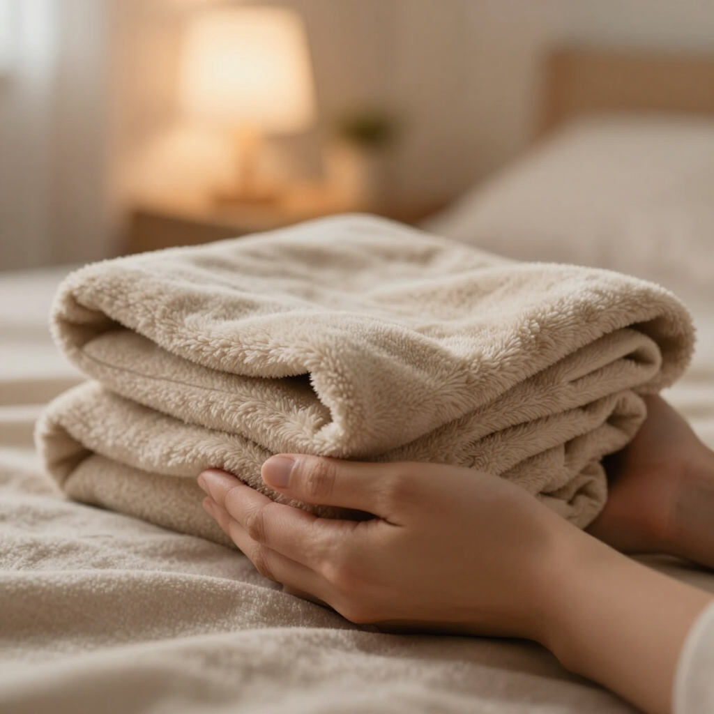 Hands folding a beige towel on a bed in a softly lit bedroom