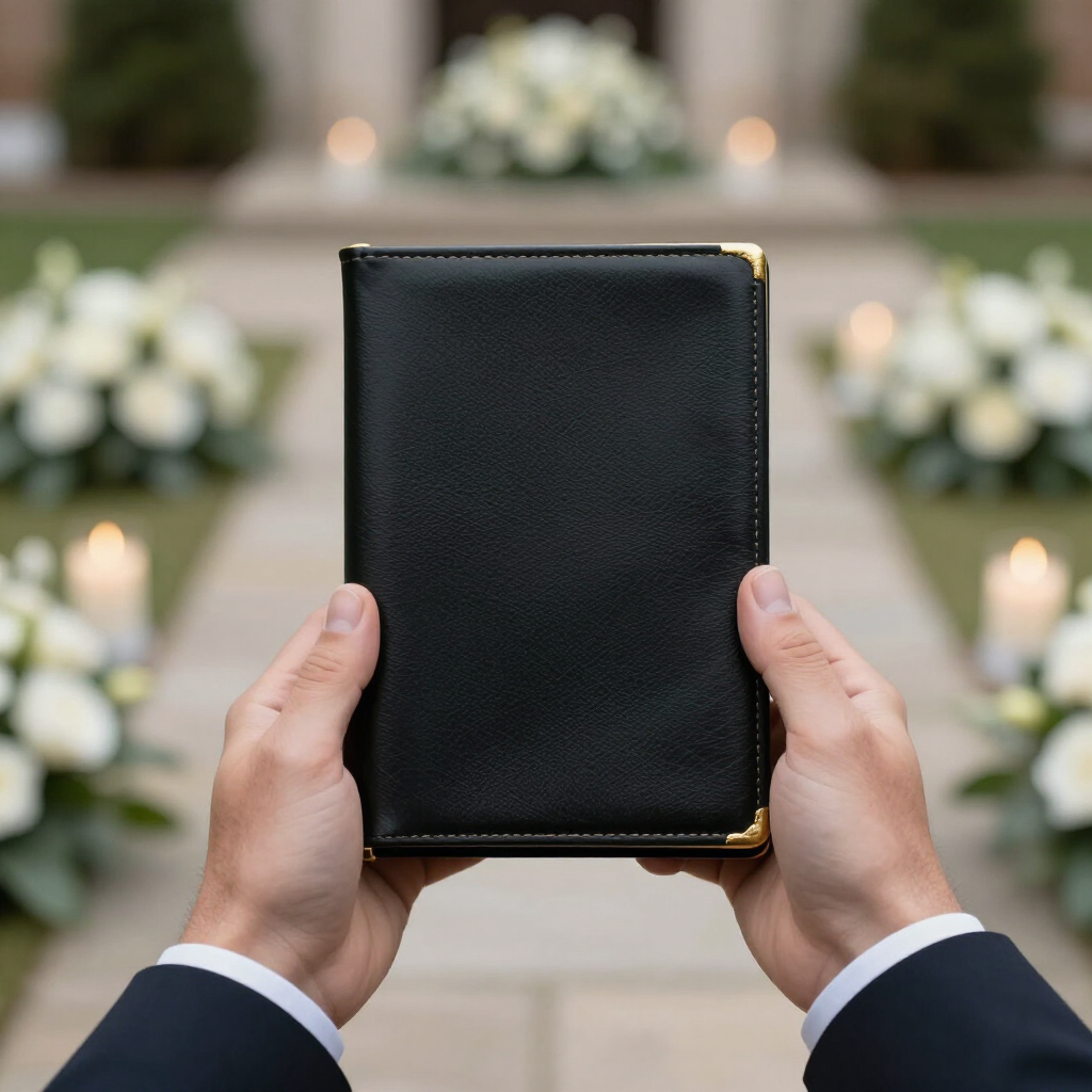 Hands holding a black book in front of a wedding altar with white flowers and candles