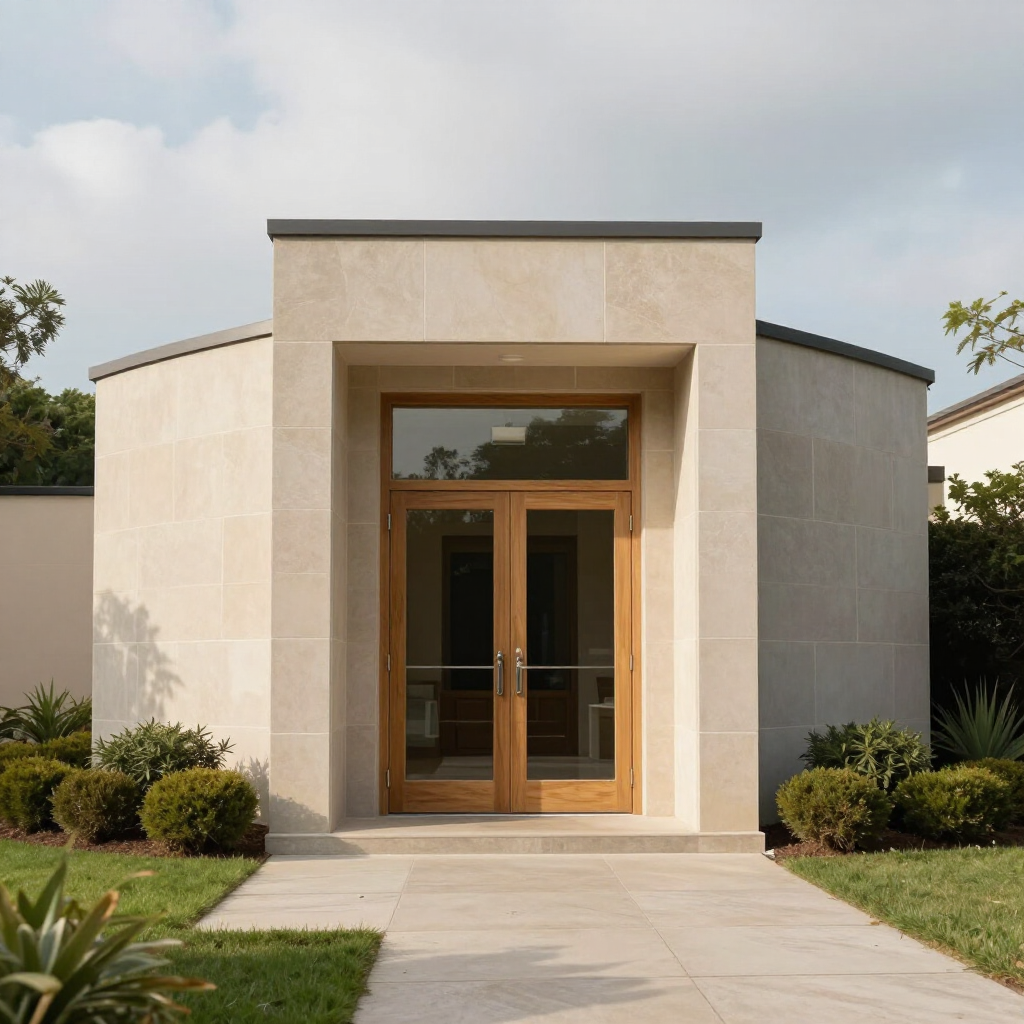 Modern beige building entrance with wooden double doors and a walkway, flanked by shrubs and grass