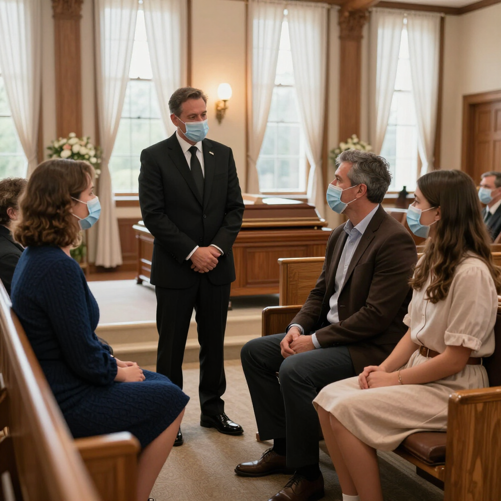 Masked official speaks with two seated couples in a wood-paneled meeting room