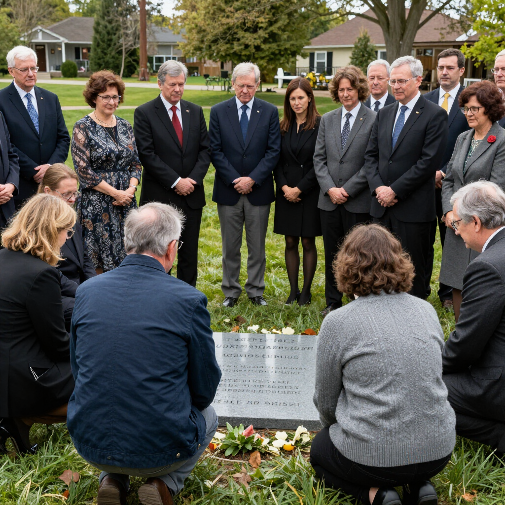 People gathered around a memorial plaque in a grassy park for a solemn ceremony.