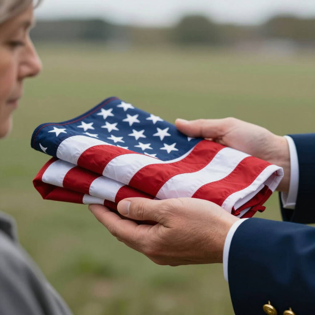 Folded U.S. flag being handed to a person outdoors in a solemn ceremony
