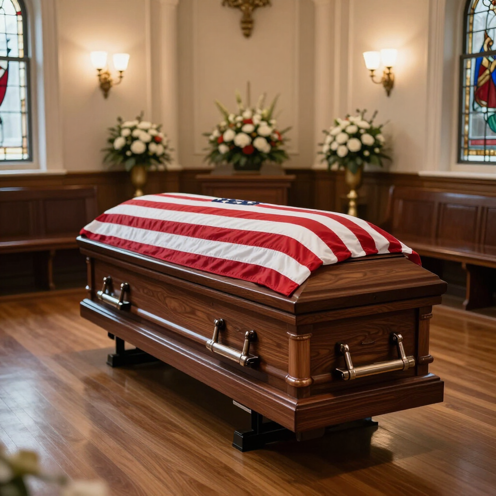 Flag-draped casket in a church with floral arrangements and stained-glass windows