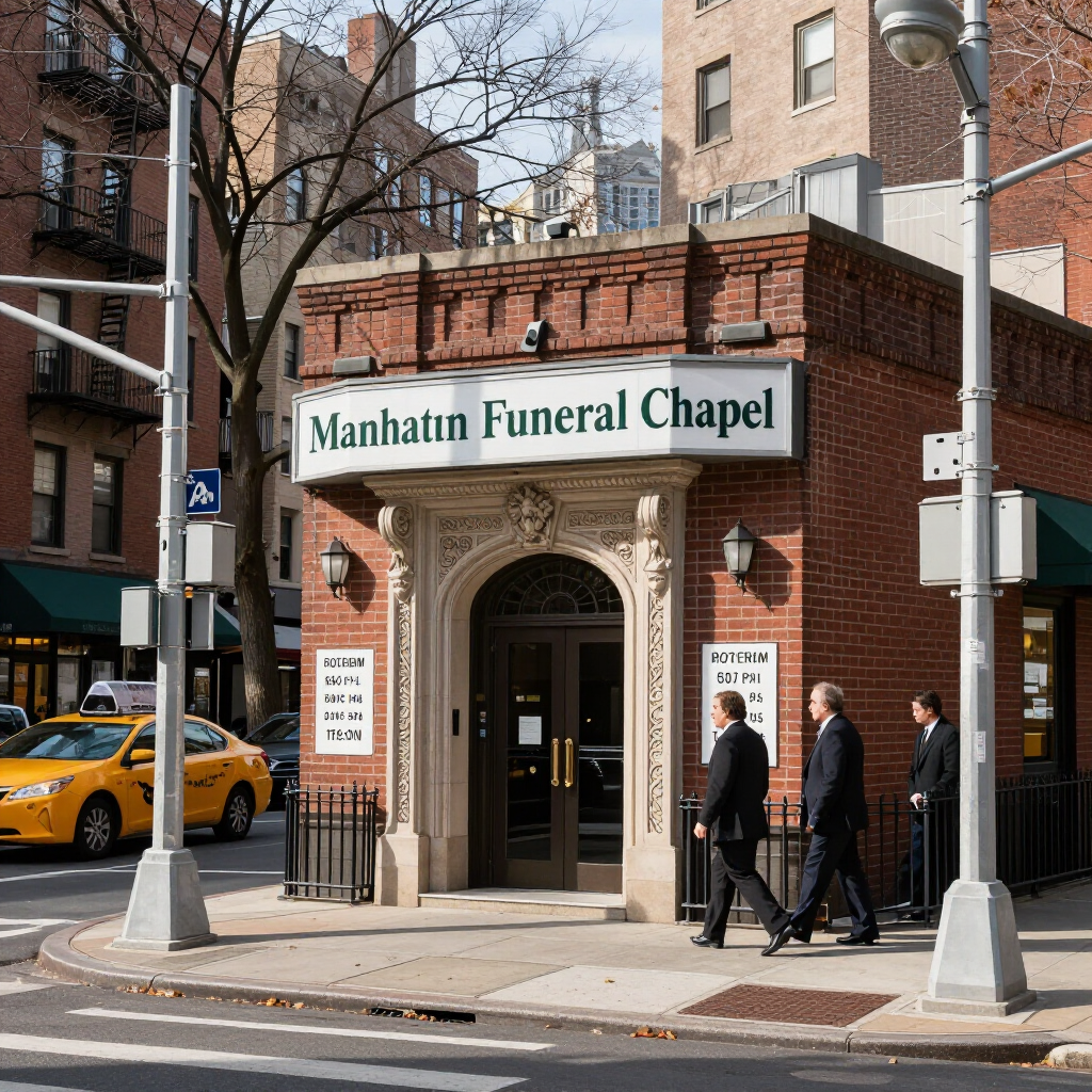 Manhattan Funeral Chapel storefront on a city street, with pedestrians and a yellow taxi passing by.