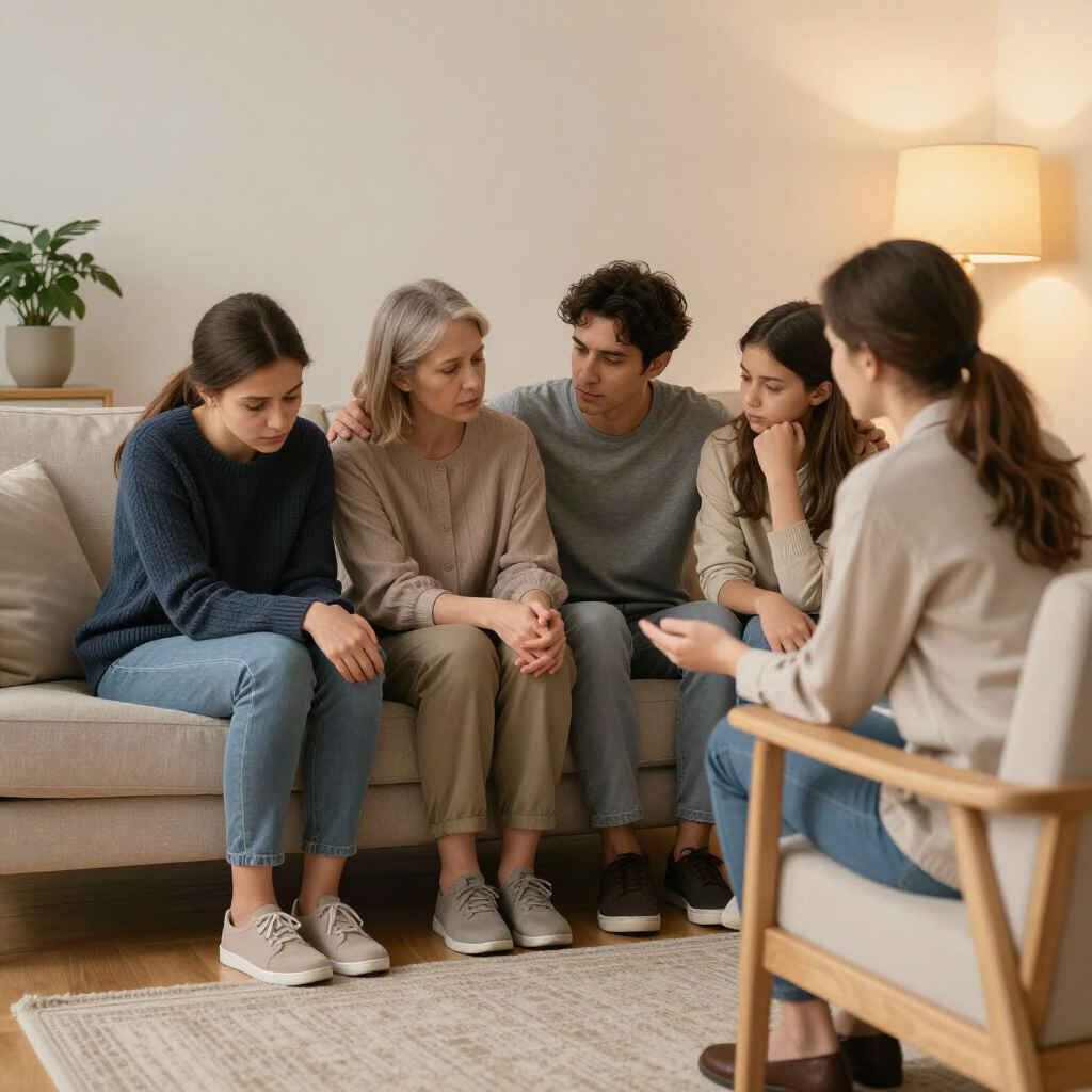 Four people in a cozy living room sit together in a supportive conversation on a sofa.