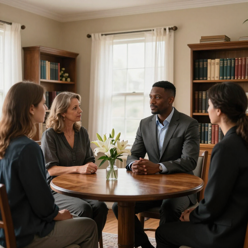 Four people in a meeting around a round table in a bright office, with bookshelves and flowers.