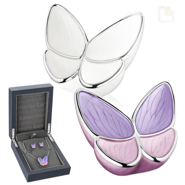 Butterfly-wing-shaped jewelry set in silver, shown in white and purple with matching necklace and earrings.