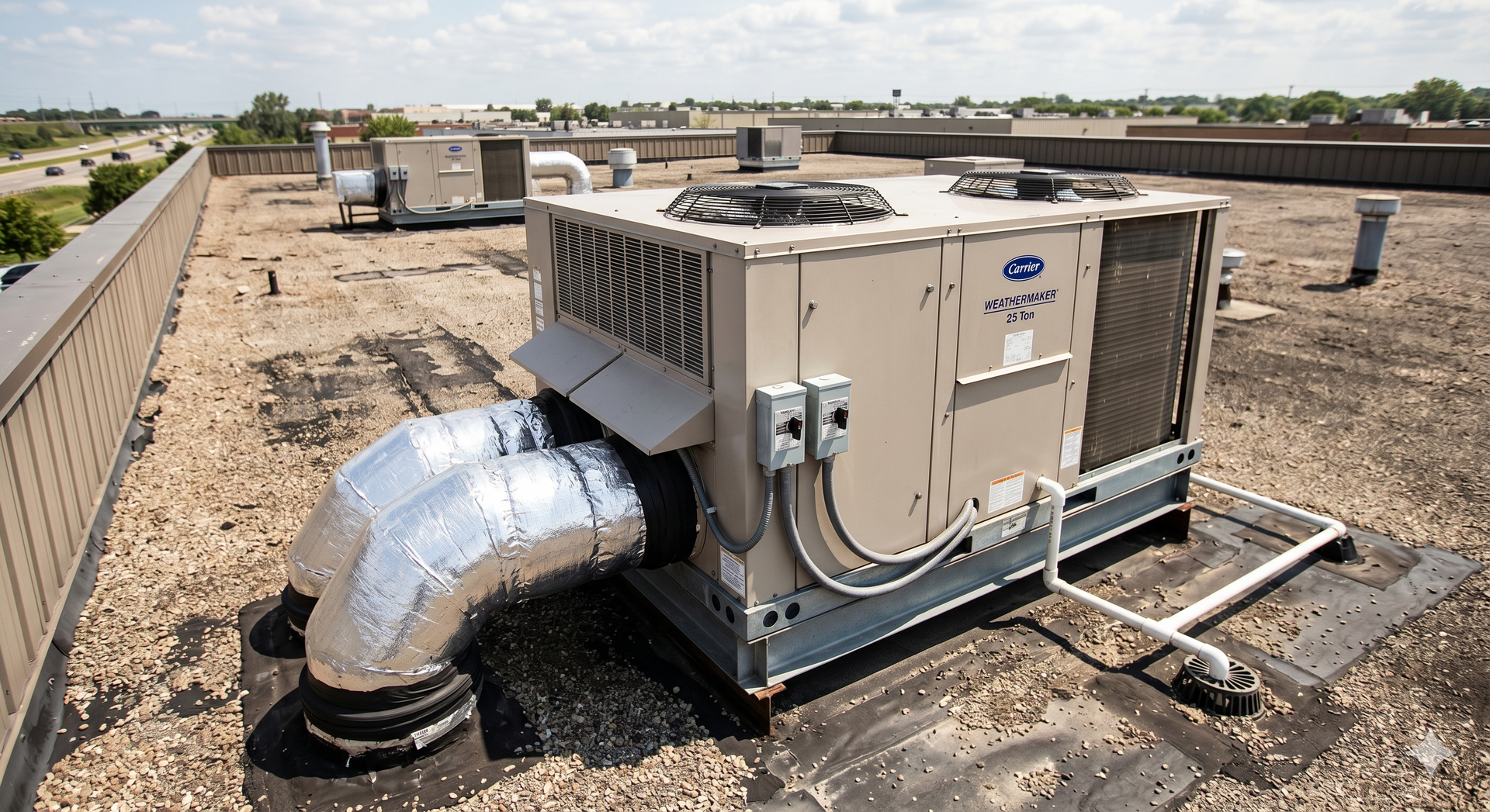 Rooftop HVAC unit with silver ductwork on a flat commercial roof under a clear sky