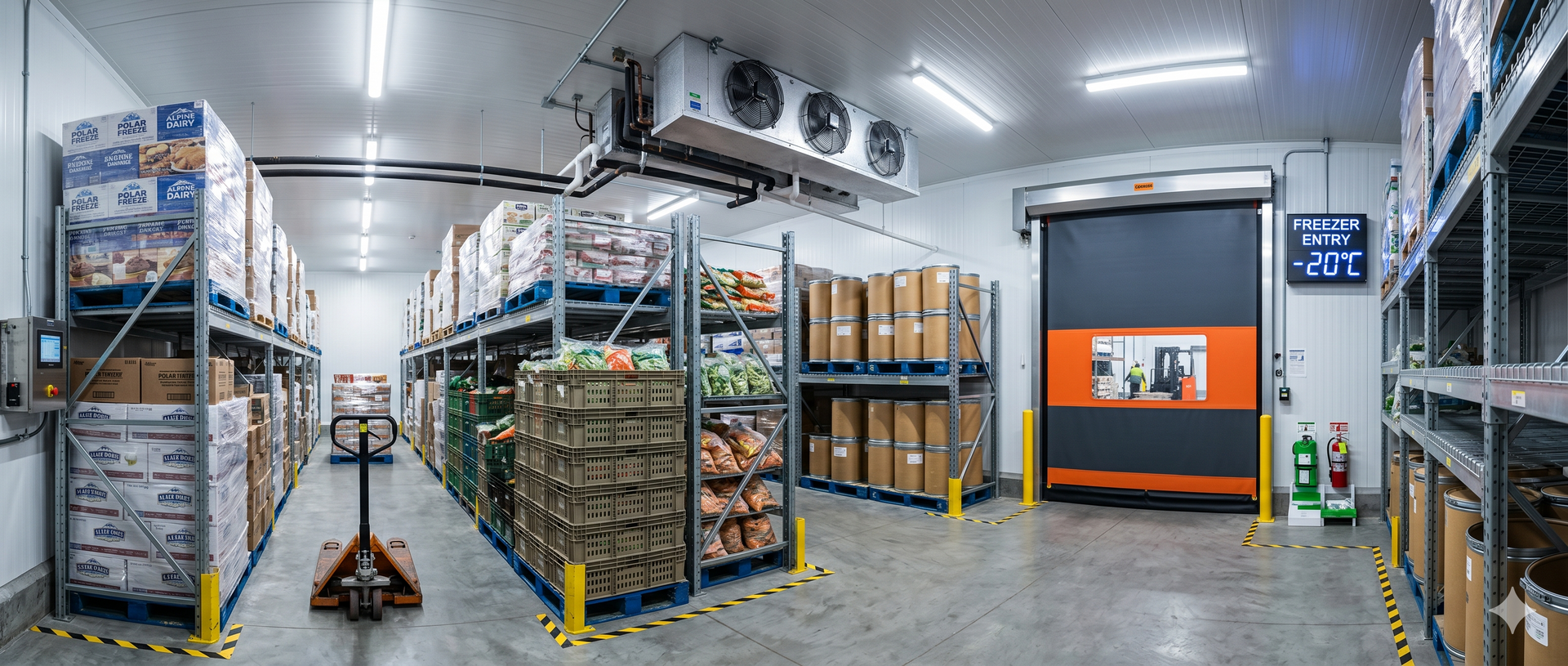 Industrial warehouse aisle with stacked pallets, shelving, and a large orange door in the back