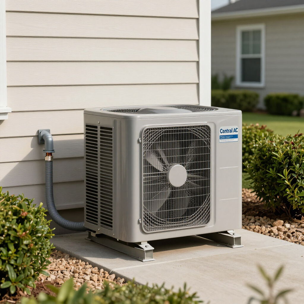 Outdoor air conditioner unit beside a beige house wall with shrubs and a concrete patio
