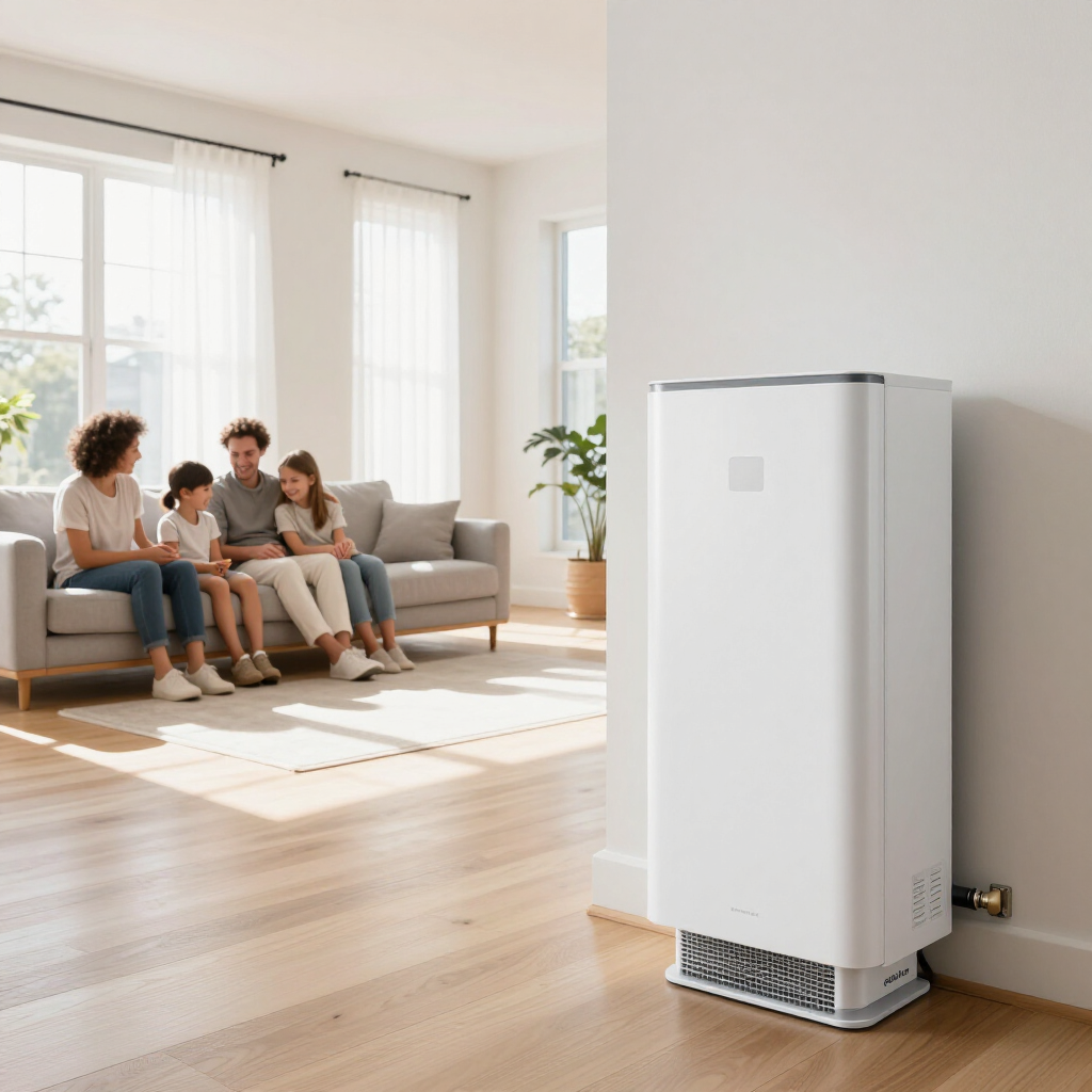 Family sitting on a sofa in a bright living room beside a white air purifier on the floor