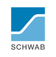 Logo Schwab: quadrato blu con sezione blu più chiaro, linea curva bianca, scritta