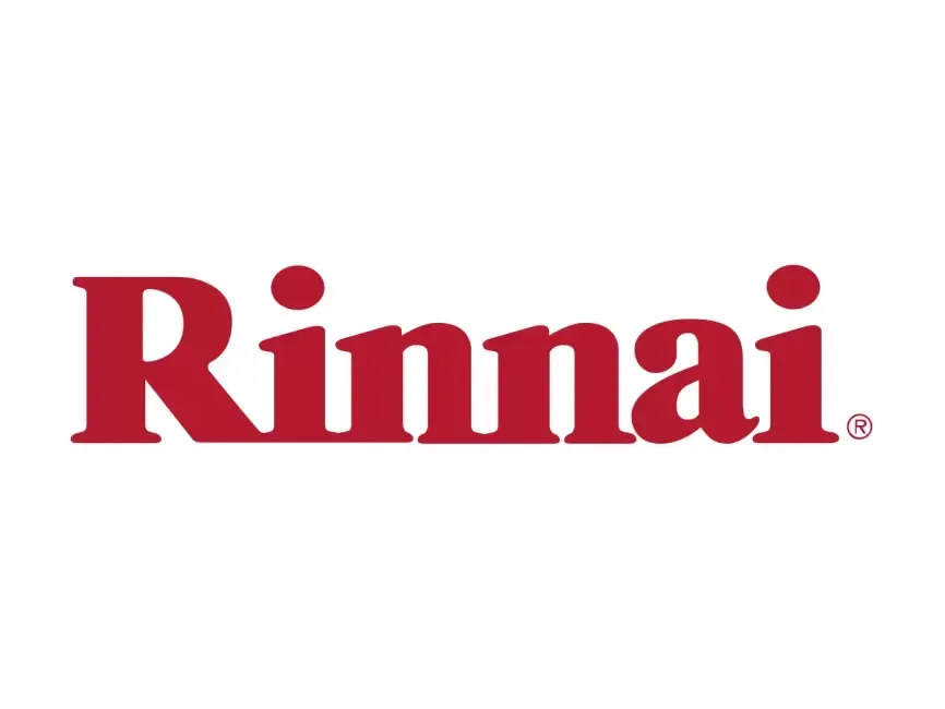 Logo Rinnai in rosso su sfondo bianco. La