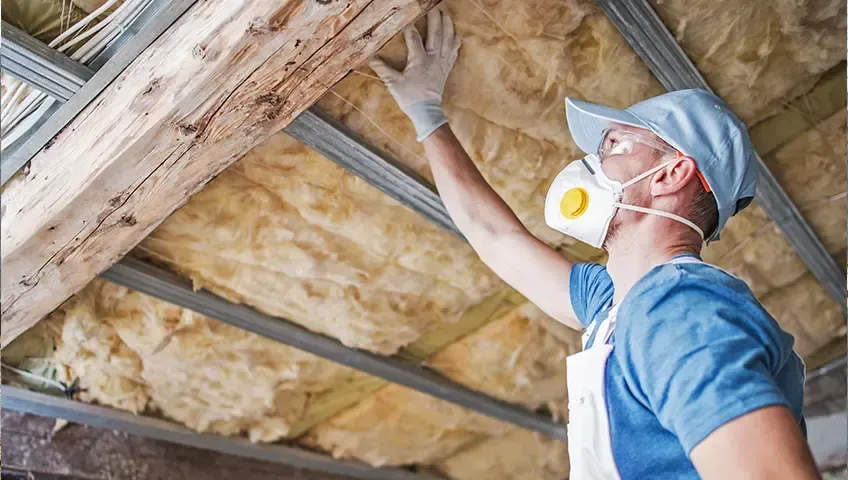 Person installing insulation in an attic
