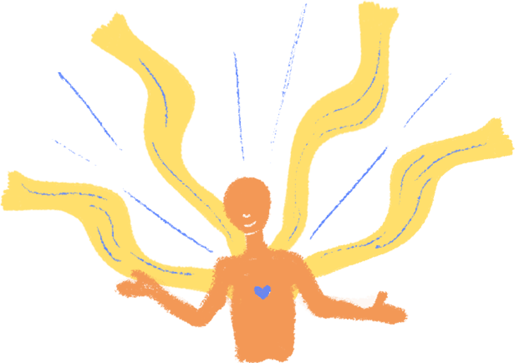 Illustration of a person with a heart having rays shining