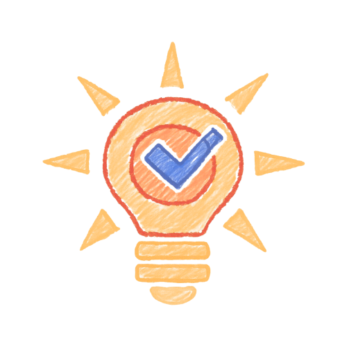 Lightbulb with orange shading and a blue checkmark, symbolizing an idea approved.