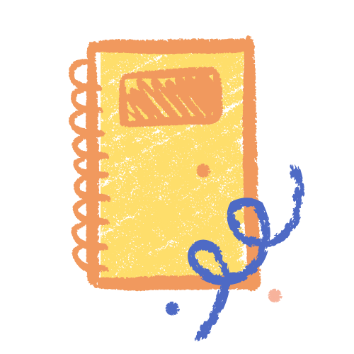 Yellow notebook with spiral binding, orange outline, blue ribbon, and pink dot.