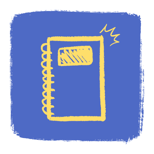 Yellow doodle of a notebook with a spiral binding on a blue background.
