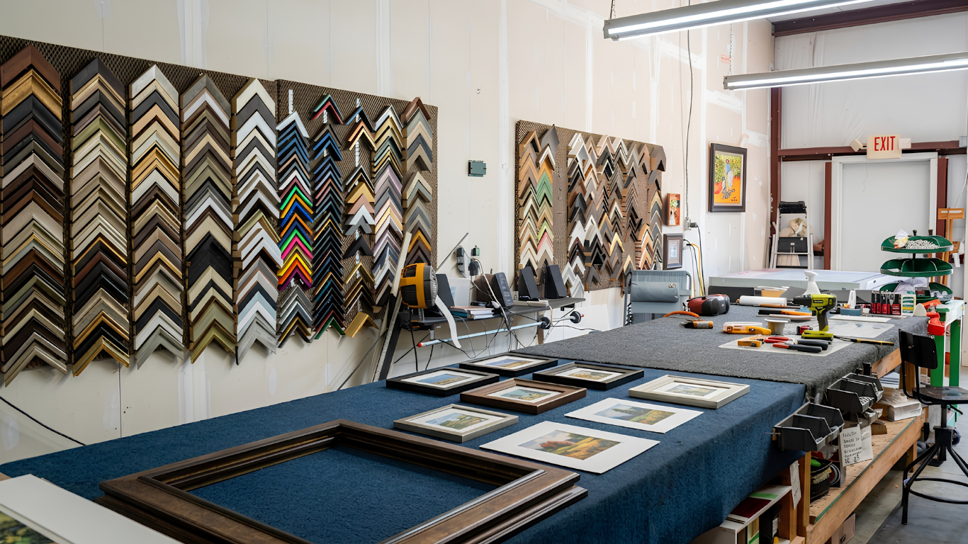 Framing shop with sample frames displayed on walls and tables full of artwork mats and tools