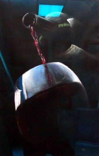 A metallic helmet hangs below a dark bottle pouring red liquid in dim blue light.