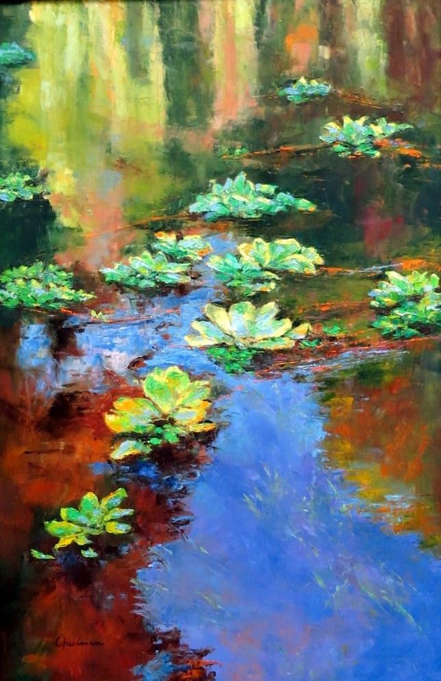 Colorful painting of lily pads floating on a blue stream in a lush forest