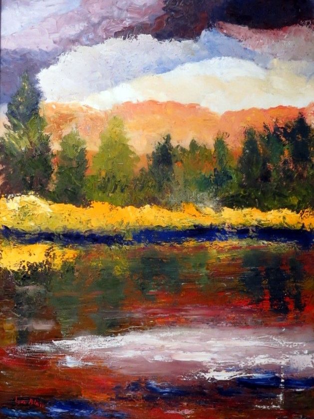 Colorful landscape painting of trees, a reflective lake, and a dramatic cloudy sky