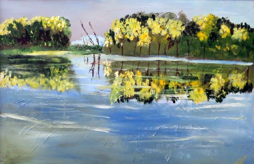 Impressionist painting of a calm lake with green and yellow trees reflected in blue water.