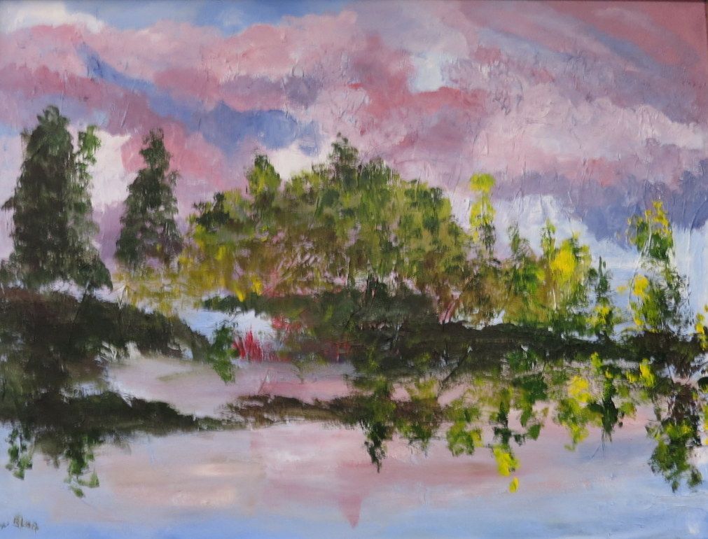 Serene watercolor landscape with trees, a reflective lake, and pink-purple clouds at dusk
