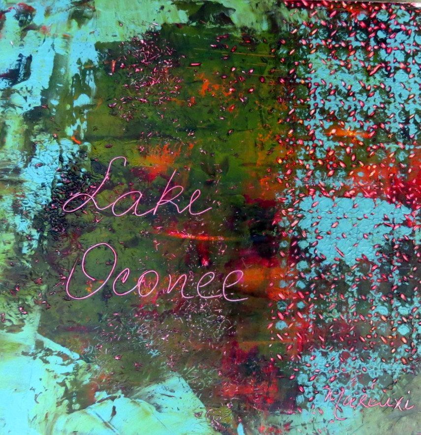 Colorful abstract painting with pink script reading “Lake Ocee,” in teal, green, and red splashes