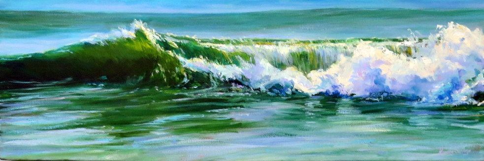 Ocean wave crashing with white foam on a blue-green sea under a pale sky