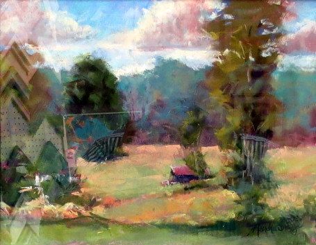 Abstract garden scene with a grassy path, trees, flowers, and distant mountains under a bright sky