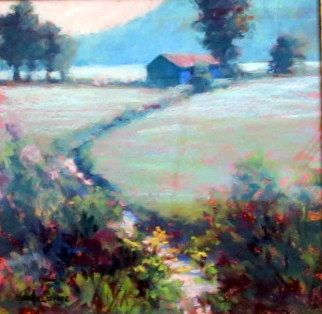 Pastel painting of a rural field with a small blue house, winding path, and trees under a soft sky