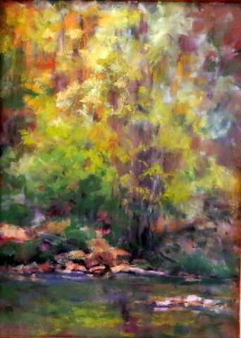 Impressionist painting of a sunlit forest reflected in a calm river, with bright yellow and green foliage