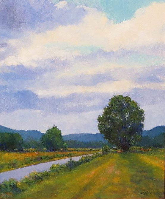 A winding river beside a green field under a cloudy sky, with trees and distant hills.