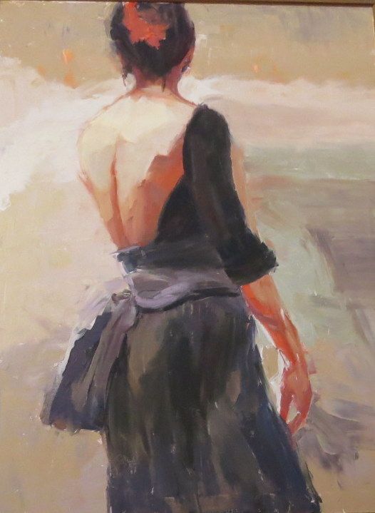 Painterly figure seen from behind, wearing a dark dress with an open back and sash, standing against a soft abstract background