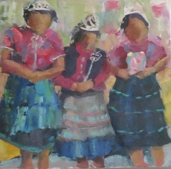 Three figures in colorful clothing and helmets stand side by side against a painted background.