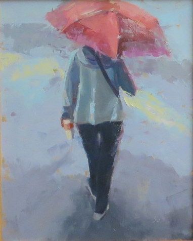 Person walking away under a pink umbrella in a rainy, pastel-toned scene.