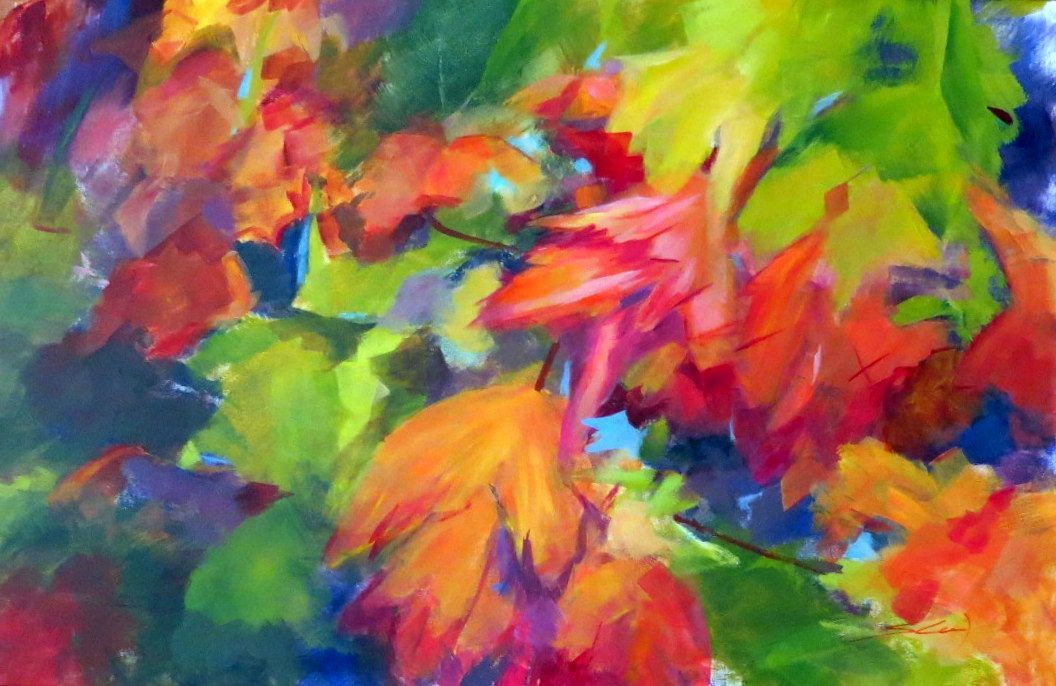 Abstract painting with bold green, pink, orange, and blue brushstrokes