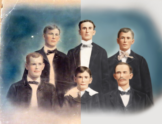 Six formal portraits of people in vintage black clothing against a soft blue background
