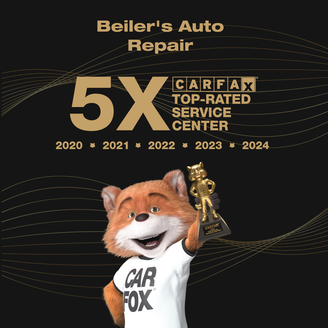 Beiler's Auto Repair ad. A smiling fox mascot holds a trophy. Includes the Carfax Top-Rated Service Center award for 5 years.