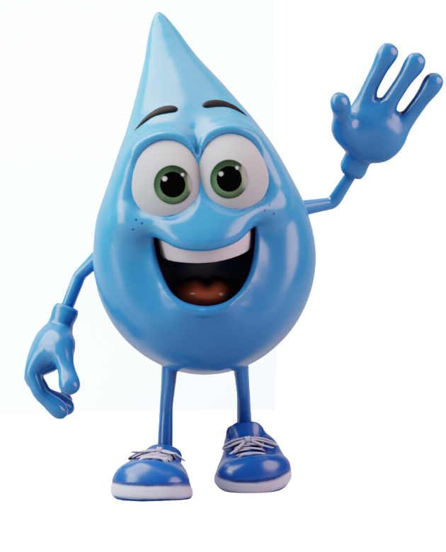 THE BIG DRIP AUTO SPA MASCOT - AN ANTHROPOMORPHIZED WATER DRIP HOLDS A WELCOME SIGN.