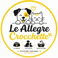 Logo di Le Allegre Crocchette con cane e gatto sorridenti all'interno di un cerchio giallo, marchio di alimenti e accessori per animali domestici.