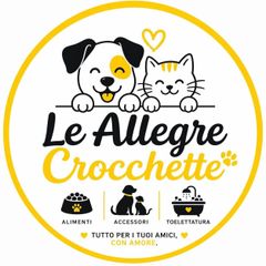 Logo di Le Allegre Crocchette con cane e gatto sorridenti all'interno di un cerchio giallo, marchio di alimenti e accessori per animali domestici.