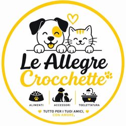 Logo di Le Allegre Crocchette con cane e gatto sorridenti all'interno di un cerchio giallo, marchio di alimenti e accessori per animali domestici.