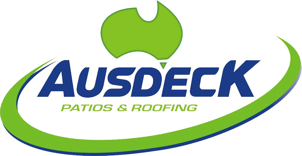 Ausdeck logo: green Australia shape above blue text "Ausdeck" within a green oval, "Patios & Roofing" below.