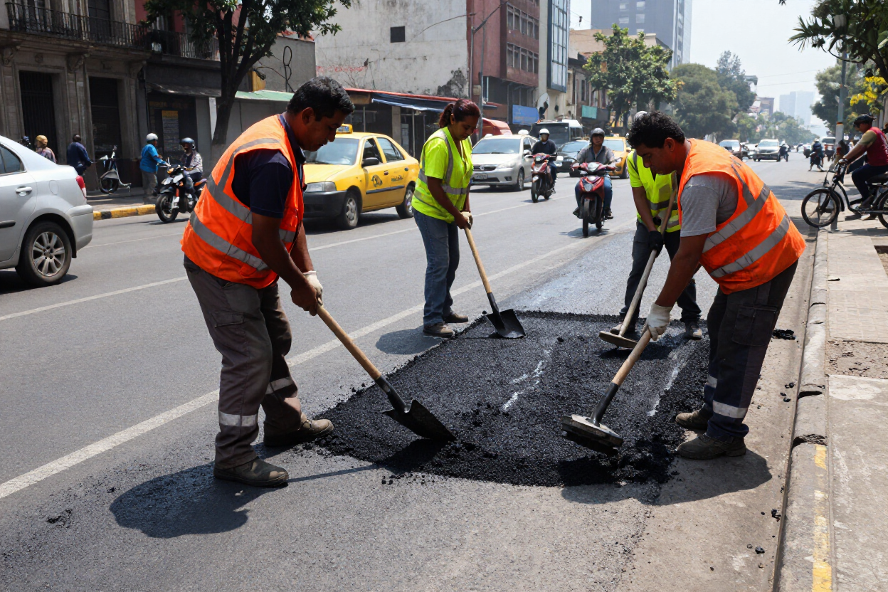 Brigada aplicando asfalto en fr&iacute;o en una vialidad de Ciudad de M&eacute;xico