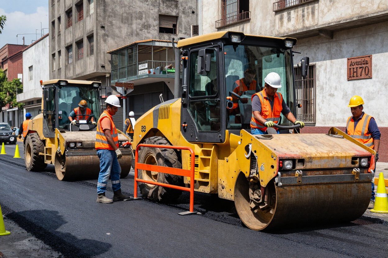 Maquinaria pesada y cuadrilla de pavimentaci&oacute;n en obra vial