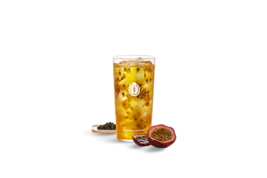Vibrant Passion Fruit Green Tea with real passion fruit pulp and premium Taiwanese green tea.